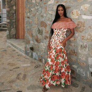 ANTHROPOLOGIE Maeve Off The Shoulder Mixed Print Midi Dress Size S